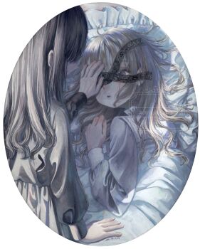 2girls border brown_hair commentary_request highres lace long_hair long_sleeves looking_at_another lying monou_pico multiple_girls on_bed original oval_image pajamas watermark