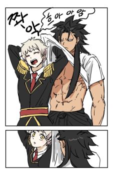 Rule 34 | accidental exposure, black hair, black shirt, blonde hair, clothes lift, commentary request, epaulettes, highres, juiz (undead unluck), korean commentary, necktie, no eyebrows, red necktie, shirt, short sleeves, spiked hair, t-shirt, undead unluck, victor (undead unluck), white shirt, yawning, yellow eyes