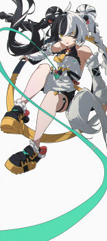 1girl :p ahoge bare_shoulders black_hair black_shoes black_shorts braid china_dress chinese_clothes commentary detached_sleeves dialyn_(zenless_zone_zero) dress frilled_dress frilled_sleeves frills full_body hair_ornament hairclip highres legs long_hair looking_at_viewer multicolored_hair necktie one_eye_closed parallel_hairclips postalworks shoes shorts sneakers solo split-color_hair thigh_strap tongue tongue_out twin_braids two-tone_hair white_background white_dress white_hair white_sleeves wire yellow_eyes yellow_necktie yellow_shoes zenless_zone_zero