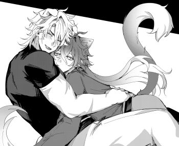 2boys :d ^_^ animal_ear_fluff animal_ears antenna_hair belt cat_boy cat_ears cat_tail chinese_commentary chuilan81 closed_eyes commentary_request crossed_bangs dog_boy dog_ears dog_tail expressionless facial_scar flins_(genshin_impact) genshin_impact gradient_hair greyscale hair_between_eyes highres hug long_hair long_sleeves lower_teeth_only male_focus monochrome multicolored_hair multiple_boys multiple_scars open_mouth pants parted_bangs parted_lips scar scar_on_arm scar_on_cheek scar_on_face shirt short_hair short_sleeves sitting smile tail teeth varka_(genshin_impact) yaoi