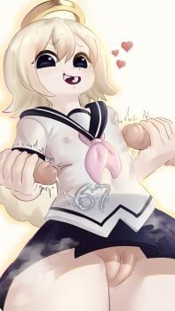 1girl 2boys 67_(meme) angel angel_wings blonde_hair blush bottomless cum cum_on_clothes erection galahad group_sex halo handjob heart highres lily_(moeangel) loli medium_hair meme mmf_threesome multiple_boys no_panties original penis pussy revision skirt smile standing steaming_body thighs threesome wings