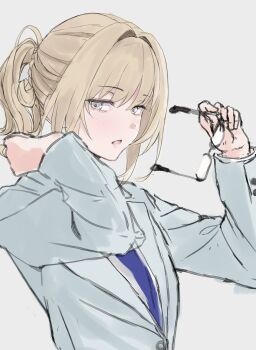 1girl absurdres alva_(girls&#039;_frontline_2) an-94_(antje)_(girls&#039;_frontline) an-94_(girls&#039;_frontline) aqua_jacket aqua_suit blonde_hair blue_eyes formal_clothes girls&#039;_frontline girls&#039;_frontline_2:_exilium glasses highres holding holding_removed_eyewear jacket official_alternate_costume open_mouth satsumaagee sketch solo suit unfinished unworn_eyewear upper_body