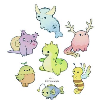 :< animal_focus artist_name ayu_(mog) bee bird bug closed_mouth commentary dragon english_commentary fangs fangs_out fish insect no_humans o_o original simple_background skin_fangs snail snake solid_circle_eyes twitter_username white_background