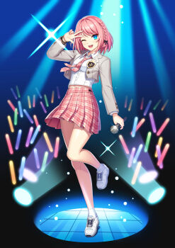 1girl ;d absurdres ankle_socks arm_at_side badge black_background black_bow blue_background blue_eyes bob_cut bow bracelet braid closers collared_shirt cropped_jacket dark_background full_body glowstick gradient_background grey_jacket hair_bow hand_on_own_head hand_up highres holding holding_microphone idol jacket jewelry leg_up long_sleeves microphone midriff_peek miniskirt necktie official_alternate_costume official_art one_eye_closed open_mouth pink_hair pink_necktie pink_skirt plaid_clothes plaid_necktie plaid_skirt pleated_skirt school_uniform seulbi_lee shirt shoes short_hair side_braid skirt smile sneakers socks solo sparkle stage stage_lights standing standing_on_one_leg star_bracelet tachi-e v white_shirt white_shoes white_socks