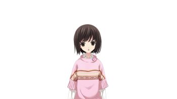 1girl annoyed bob_cut brown_eyes brown_hair chaos;child child collared_shirt game_cg highres looking_at_viewer matsuo_yukihiro non-web_source official_art open_mouth pink_sweater science_adventure shirt short_hair solo sprite sweater swept_bangs tachibana_yui transparent_background white_shirt