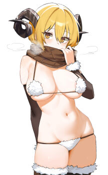 1girl absurdres bikini blonde_hair brown_scarf commentary_request detached_sleeves don_quixote_(project_moon) goat_horns hair_between_eyes heishou_pack-wei_branch_(identity)_(project_moon) highres horns limbus_company looking_at_viewer navel project_moon scarf sheep_horns shenqi_xiaohuang short_hair simple_background solo stomach swimsuit thighhighs white_background white_bikini