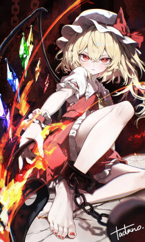 1girl absurdres ascot ball_and_chain_restraint barefoot blonde_hair collared_shirt commentary_request crystal crystal_wings feet fire flaming_weapon flandre_scarlet frilled_shirt_collar frilled_skirt frills hat highres holding holding_weapon laevatein_(touhou) long_hair looking_at_viewer mob_cap multicolored_wings nail_polish one_side_up pointy_ears puffy_short_sleeves puffy_sleeves red_eyes red_nails red_skirt red_vest shirt short_sleeves signature skirt skirt_set solo tadano1129 toenail_polish toenails toes touhou vest weapon white_hat white_shirt wings wrist_cuffs yellow_ascot