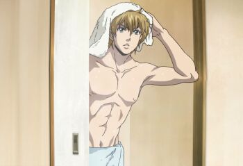 1boy anime_screenshot blonde_hair character_request indoors level_e male_focus solo stitched third-party_edit topless_male towel towel_around_waist towel_on_head
