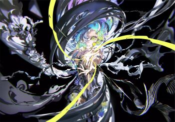 1girl absurdres armor armored_boots armored_dress asymmetrical_bangs bare_shoulders blue_flower boots broken broken_handcuffs charging_forward chinese_commentary chromatic_aberration closed_mouth commentary_request cuffs dark_background dress eyelashes floating_hair flower flower_in_eye green_flower grey_flower grey_hair grey_nails hair_flower hair_ornament hair_over_one_eye handcuffs highres light_smile liquid long_hair looking_at_viewer magic messy_hair navel original petals serious shadow silver_dress sleeveless smoke solo symbol_in_eye water white_flower yellow_eyes yellow_flower yellow_nails yoneyama_mai