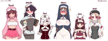 6+girls agni_(pongldr) bare_legs bare_shoulders beret betelhym_(pongldr) bible_(object) bikini black_hair blonde_hair blue_hair blush bodystocking bodysuit bonn_(pongldr) breasts brown_eyes brown_hair choker cleavage_cutout clothing_cutout collar dress elbow_gloves english_text female_focus glasses gloves grey_hair hair_ornament hairclip hat highres hip_strap injection large_breasts loli long_hair minidress model_sheet mole multiple_girls navel nipples covered_erect_nipples no_bra nun nurse nurse_cap open_mouth original paluma_(pongldr) panties pasties pongldr rabbit_ears self-upload short_hair simple_background skirt small_breasts standing strapless string_bikini sweater swimsuit tape tape_on_nipples thighhighs thighs tube_top turtleneck twintails underwear vaxys_(pongldr) veradis_(pongldr) white_background white_hair