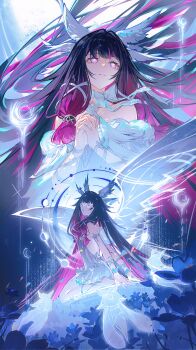 1girl absurdres aoma_(xuanzexuexi) bare_shoulders black_hair chinese_commentary closed_eyes closed_mouth columbina_(genshin_impact) commentary_request dress eye_mask feathered_wings field floating_hair flower flower_field genshin_impact hair_spread_out head_wings highres long_hair mask multicolored_hair multiple_views open_mouth own_hands_together purple_eyes purple_hair revision sitting smile streaked_hair two-tone_hair very_long_hair wariza white_dress white_wings wings