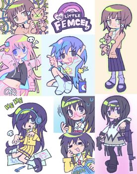 5girls akemi_homura akemi_homura_(magical_girl) alternate_costume bocchi_the_rock! compilation crossover english_text gotoh_hitori hair_ornament hairband highres holding holding_stuffed_toy iwakura_lain izumi_konata kuroki_tomoko logo_parody lucky_star magical_girl mahou_shoujo_madoka_magica melps multiple_crossover multiple_girls my_little_pony pepsi serial_experiments_lain skull_hair_ornament stuffed_toy watashi_ga_motenai_no_wa_dou_kangaetemo_omaera_ga_warui!