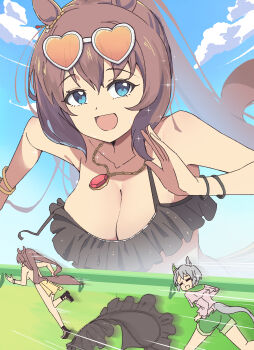 2girls =_= absurdres accidental_exposure bikini black_bikini blue_eyes blue_sky breasts brown_hair cleavage cloud cloudy_sky day derivative_work eyewear_on_head green_sailor_collar green_shorts grey_hair grey_tail heart heart-shaped_eyewear highres large_breasts long_hair long_sleeves maruzensky_(hot_summer_night)_(umamusume) maruzensky_(umamusume) mixed-language_commentary motion_lines multiple_girls naisu_(nai_su01) official_alternate_costume official_alternate_hairstyle outdoors running sailor_collar sarong seiun_sky_(reeling_in_the_big_one)_(umamusume) seiun_sky_(umamusume) shirt short_hair shorts sky sparkle sparkling_aura speed_lines swimsuit topless_female umamusume unworn_bikini_top white_shirt yellow_sarong