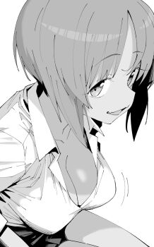 1girl breasts cleavage collarbone commentary_request girls_und_panzer greyscale henyaan_(oreizm) highres large_breasts looking_at_viewer monochrome nishizumi_miho open_mouth shirt short_hair simple_background smile solo tan white_background