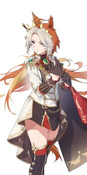 1girl absurdres adjusting_clothes adjusting_gloves animal_ears bead_bracelet beads black_gloves black_skirt bracelet chain commentary feet_out_of_frame gem gloves gold_chain gold_trim green_gem grey_hair highres honey_boba horse_ears horse_girl horse_tail jacket jewelry long_hair looking_at_viewer miniskirt orange_hair orfevre_(control)_(umamusume) orfevre_(umamusume) purple_eyes red_gem simple_background skirt solo standing tail thighs umamusume vest waistcoat white_background white_jacket yellow_gem