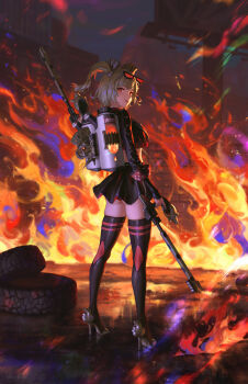 Rule 34 | 1girl, absurdres, belt, black belt, black jacket, black skirt, black thighhighs, black tube top, blonde hair, burnice white, crop top, eyewear on head, fire, flamethrower, from behind, hand up, high heels, highres, holding, holding flamethrower, holding weapon, jacket, kuri kuriku, looking at viewer, looking back, night, propane tank, red-tinted eyewear, skirt, sky, solo, spiked belt, spiked jacket, strapless, thighhighs, tinted eyewear, tongue, tongue out, tube top, two side up, unused tire, weapon, zenless zone zero