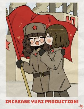 2girls absurdres army ashenov blush character_request closed_eyes communism communist_flag copyright_request couple flag fur_hat gloves hat highres jacket kiss military military_jacket military_uniform multiple_girls open_mouth propaganda red_flag red_star russia russian_clothes soldier soviet soviet_army star_(symbol) ushanka yuri