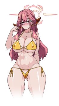 1girl arm_behind_back aru_(blue_archive) bare_arms bare_hips bare_shoulders bikini blue_archive blunt_bangs blush breasts brown_horns cameltoe cleavage closed_mouth collarbone commentary covered_erect_nipples cropped_legs curvy demon_horns fanged_bangs gluteal_fold gold_bikini gradient_halo groin hair_over_shoulder halo hand_up highres horns korean_commentary large_breasts lazy_ant long_hair looking_at_viewer low_horns lowleg lowleg_bikini multicolored_halo navel pink_eyes pink_hair pink_halo revision shiny_skin side-tie_bikini_bottom sidelocks simple_background solo standing stomach swimsuit two-tone_halo underboob white_background wide_hips yellow_halo
