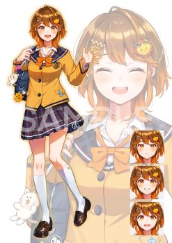 1girl :d ^_^ bag blue_sailor_collar blue_skirt blush bow bowtie breasts brown_hair brown_shoes buttons charm_(object) closed_eyes commentary_request different_zoom_layer full_body hair_ornament hairclip hareta_himari highres iriam jacket kneehighs loafers long_sleeves looking_at_viewer medium_breasts multicolored_hair multiple_expressions official_art open_mouth orange_bow orange_bowtie orange_eyes orange_jacket plaid_clothes plaid_sailor_collar plaid_skirt pleated_skirt sailor_collar sample_watermark school_bag school_uniform shinishi_chiho shoes short_hair skirt smile socks standing standing_on_one_leg streaked_hair sun_hair_ornament teeth two-tone_hair upper_teeth_only virtual_youtuber watermark white_socks wing_collar zoom_layer