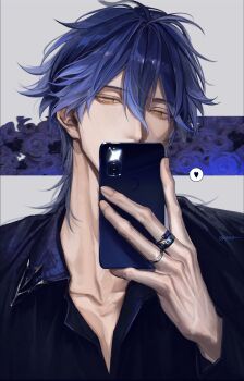 1boy absurdres artist_name blue_flower blue_gemstone blue_hair blue_rose blue_shirt camera_flash cellphone collarbone collared_shirt contemporary covered_mouth double-parted_bangs fingernails flins_(genshin_impact) floral_background flower gem genshin_impact grey_background hair_between_eyes hand_up heart highres holding holding_phone jewelry left-handed long_sleeves looking_at_phone looking_down male_focus medium_hair middle_ring mullet multiple_rings narrowed_eyes nose ornate_ring phone portrait ring rose selfie shirt smartphone solo spoken_heart twitter_username veins veiny_hands vyqi wing_collar yellow_eyes