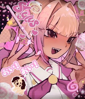 1girl blonde_hair brown_eyes crystal_(tomodachi_life:_living_the_dream) dark-skinned_female dark_skin dog fangs from_side gradient_hair gyaru hair_intakes hair_ornament halftone heart highres moco_vai multi-tied_hair multicolored_hair open_mouth pink_nails sailor_collar stylus teeth tomodachi_life tomodachi_life:_living_the_dream upper_body upper_teeth_only white_sailor_collar x_hair_ornament