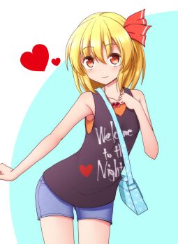 1girl bag black_shirt blonde_hair collarbone cosplay hair_ribbon handbag heart hecatia_lapislazuli hecatia_lapislazuli_(cosplay) highres red_eyes ribbon rumia shirt shorts simple_background smile teoi_(good_chaos) touhou