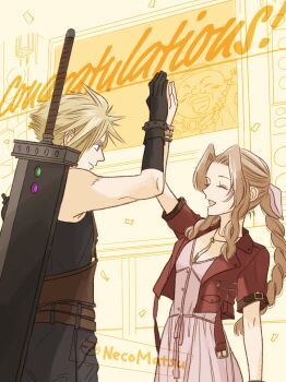 1boy 1girl aerith_gainsborough armor artist_name bangle belt black_gloves black_pantyhose black_shirt blonde_hair blue_eyes bracelet braid braided_ponytail breasts brown_belt brown_hair buster_sword buttons choker closed_eyes closed_mouth cloud_strife colosseum commentary_request confetti congratulations cowboy_shot cropped_jacket don_corneo dress final_fantasy final_fantasy_vii final_fantasy_vii_remake flower_choker gloves hair_ribbon high_five highres jacket jewelry long_hair looking_at_another materia medium_breasts multiple_belts nekomatsu open_mouth pantyhose parted_bangs pauldrons pink_dress pink_ribbon red_jacket ribbon shirt short_hair short_sleeves shoulder_armor sidelocks single_bare_shoulder single_braid single_pauldron smile spiked_hair sword sword_on_back weapon weapon_on_back