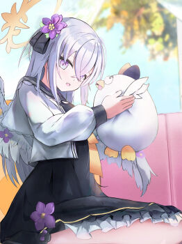 1girl azusa_(blue_archive) black_dress blue_archive blurry blurry_background cardigan commentary crescent_halo crossed_bangs dress fang feathered_wings flower gradient_eyes hair_between_eyes hair_flower hair_ornament halo highres holding holding_stuffed_toy long_hair long_sleeves moepu. multicolored_eyes neckerchief peroro_(blue_archive) purple_eyes purple_flower sailor_collar school_uniform skin_fang solo stuffed_animal stuffed_bird stuffed_toy white_cardigan white_hair white_wings wings yellow_halo yellow_neckerchief