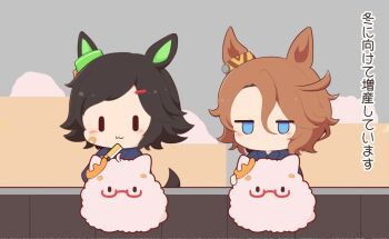 2girls :3 animal_ears bandaid bandaid_on_cheek bandaid_on_face biwa_hayahide_(umamusume) black_hair blue_eyes blush bnw_(umamusume) bow brown_hair brushing chibi chibi_only closed_mouth commentary_request ear_ribbon gomashio_(goma_feet) green_ribbon hair_between_eyes hair_ornament hairclip horse_ears horse_girl horse_tail jitome multiple_girls narita_taishin_(umamusume) no_mouth parted_bangs ribbon short_hair smile tail translation_request umamusume winning_ticket_(umamusume) yellow_ribbon |_|