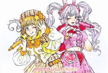 Rule 34 | + +, 2girls, :d, :q, alice (nikke), animal ears, blonde hair, blunt bangs, blush, breasts, brown skirt, deerstalker, fake animal ears, fake nails, fingerless gloves, gloves, goddess of victory: nikke, green eyes, grey hair, hair between eyes, hat, highres, holding, holding microphone, idol, long hair, medium breasts, michikusa choco, microphone, multiple girls, nail polish, novel (nikke), one eye closed, open mouth, orange headwear, pink eyes, pink nails, pink shirt, plaid clothes, plaid skirt, pleated skirt, rabbit ears, red gloves, shirt, short hair, short twintails, sidelocks, skirt, smile, tongue, tongue out, twintails