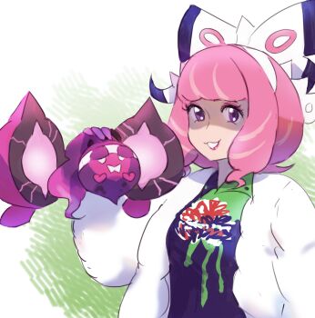 1girl berry_(pokemon) bow breasts chips_n_cookies collared_shirt drill_hair eyeshadow flipped_hair fur_jacket hair_bow hairband jacket klara_(pokemon) makeup mole mole_under_mouth nintendo pecha_berry pecharunt pink_eyeshadow pink_hair pink_lips pokemon pokemon_(creature) pokemon_swsh print_shirt purple_eyes shirt short_hair smile twin_drills two-tone_shirt upper_body white_bow white_eyes white_hairband