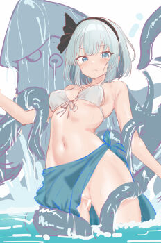 1girl bar_censor bikini black_hairband blush breasts censored cleavage closed_mouth commentary cowboy_shot grey_eyes grey_hair hairband highres konpaku_youmu looking_at_viewer medium_breasts pussy sarong short_hair soara_shimomo solo_focus squid swimsuit tentacles touhou variant_set wading water white_bikini