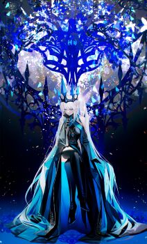 1girl absurdres baocaizi black_dress black_gloves black_thighhighs blue_eyes blue_lips braid crossed_legs crown dress fate/grand_order fate_(series) gloves hair_between_eyes half_up_braid highres long_hair long_sleeves morgan_le_fay_(fate) morgan_le_fay_(queen_of_winter)_(fate) ponytail sitting solo spikes thighhighs two-tone_dress very_long_hair white_hair
