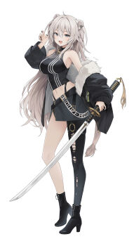 1girl absurdres animal_ears bare_shoulders black_boots black_jacket black_pantyhose black_shirt black_skirt boots breasts full_body grey_eyes grey_hair high_heel_boots high_heels highres holding holding_sword holding_weapon hololive jacket jizo_3x357 katana large_breasts lion_ears lion_girl lion_tail long_hair off_shoulder open_clothes open_jacket pantyhose shirt shishiro_botan shishiro_botan_(1st_costume) simple_background single_leg_pantyhose skirt solo sword tail torn_clothes torn_pantyhose virtual_youtuber weapon white_background