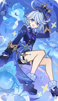 1girl ahoge asymmetrical_gloves bad_source black_gloves blue_eyes blue_hair blue_shoes drop-shaped_pupils furina_(genshin_impact) genshin_impact gloves hair_between_eyes hand_up hat heterochromia high_heels long_hair_between_eyes long_sleeves looking_at_viewer mismatched_gloves mismatched_pupils multicolored_hair official_art open_mouth shoes short_hair sitting smile socks solo streaked_hair symbol-shaped_pupils thigh_strap top_hat vision_(genshin_impact) white_gloves white_hair white_socks