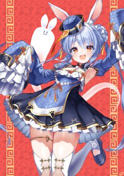 1girl :d absurdres animal_ears armpits blue_dress blue_hair blue_hat blue_sleeves braid braided_bun commentary detached_collar detached_sleeves don-chan_(usada_pekora) double_bun dress earrings flat_chest frilled_dress frills ghost gyoza_(pixiv17855879) hair_bun hat highres hikimayu hololive implied_extra_ears jewelry jiangshi_costume long_hair long_sleeves mandarin_collar multicolored_hair official_alternate_costume official_alternate_hairstyle ofuda open_mouth orange_eyes pom_pom_(clothes) pom_pom_earrings qingdai_guanmao rabbit-shaped_pupils rabbit_ears rabbit_girl short_dress short_eyebrows side_up_bun sleeves_past_fingers sleeves_past_wrists smile solo strapless strapless_dress symbol-shaped_pupils teeth thick_eyebrows thighhighs thighlet twintails two-tone_hair upper_teeth_only usada_pekora usada_pekora_(jiangshi) very_long_hair virtual_youtuber white_hair white_thighhighs