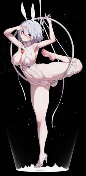 1girl absurdres animal_ear_hairband animal_ears armpits arms_up azur_lane bare_legs bare_shoulders blush breasts cameltoe carrot curvy detached_collar fake_animal_ears fake_tail female_pubic_hair flexible food_between_breasts gymnastics hair_between_eyes hairband hand_over_face high_heels highres large_breasts leg_up legs leotard looking_at_viewer manzai_sugar o-ring_leotard official_alternate_costume playboy_bunny pubic_hair pubic_hair_peek rabbit_ear_hairband rabbit_ears rabbit_tail red_eyes short_hair sirius_(azur_lane) sirius_(rabbit_of_paradise)_(azur_lane) skin_tight solo split standing standing_on_one_leg standing_split tail thick_thighs thighs translucent_bunnysuit white_hair white_leotard