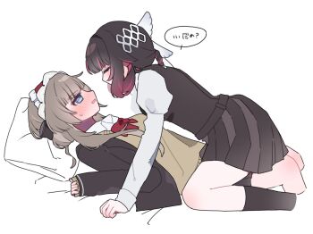 22_rink 2girls @_@ black_hair black_jacket black_skirt black_socks black_vest blazer blue_eyes bow bowtie brown_sweater closed_eyes columbina_(genshin_impact) genshin_impact grey_hair highres jacket juliet_sleeves long_sleeves multiple_girls parted_lips pink_streaks pleated_skirt puffy_sleeves red_bow red_bowtie sandrone_(genshin_impact) school_uniform shirt simple_background skirt socks speech_bubble straddling sweat sweater translation_request vest white_background white_shirt yuri