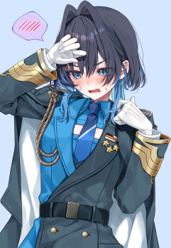 1girl absurdres aiguillette arm_up averting_eyes black_coat black_jacket blue_eyes blue_hair blue_jacket blue_necktie blue_shirt buttons chain chain_earrings coat coat_on_shoulders collared_shirt colored_inner_hair commentary double-breasted english_commentary fangs gloves grey_background hair_intakes highres hololive hololive_english jacket medium_hair military_uniform mogu_(au1127) multicolored_hair multicolored_jacket necktie official_alternate_costume official_alternate_hairstyle open_mouth ouro_kronii ouro_kronii_(4th_costume) shirt simple_background solo spoken_blush two-tone_jacket virtual_youtuber wavy_mouth white_gloves wolf_cut