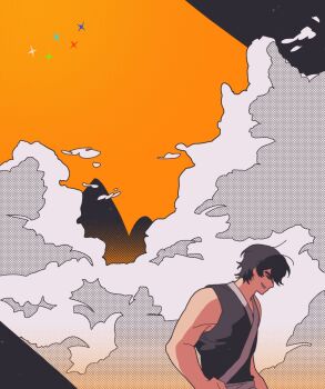 Rule 34 | 1boy, animification, bad id, bad twitter id, black dougi, black shirt, cloud, cloudy sky, cole (ninjago), commentary request, dougi, grin, highres, korean commentary, male focus, mountain, nanunbab0da, ninjago, orange sky, outdoors, shirt, short hair, sideways mouth, sky, sleeveless, smile, solo, sparkle, upper body, wide shot