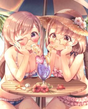 2girls ;) animal bare_arms bare_shoulders beach_umbrella bendy_straw bikini blue_bikini blue_nails breasts brown-framed_eyewear brown-tinted_eyewear brown_hair brown_headwear cleavage closed_mouth commentary_request conch crab drink drinking_straw flower frilled_bikini frills hair_flower hair_ornament hat heart heart-shaped_eyewear highres hisakawa_hayate hisakawa_nagi idolmaster idolmaster_cinderella_girls lens_flare looking_over_eyewear looking_over_glasses medium_breasts multiple_girls nail_polish one_eye_closed pink-tinted_eyewear pink-tinted_glasses pink_bikini plaid_bikini plaid_clothes purple_eyes red_flower seashell shared_drink shell siblings sisters small_breasts smile star-shaped_eyewear star_(symbol) starfish straw_hat sunglasses swimsuit table tinted_eyewear umbrella white_flower yata_(yatao_zzz) yellow-tinted_eyewear yellow-tinted_glasses