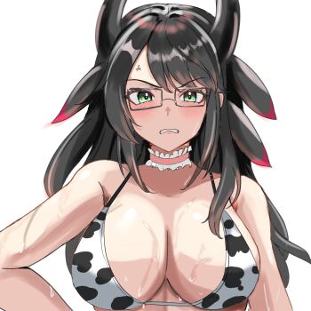 Rule 34 | 1girl, anger vein, animal print, bare shoulders, bikini, breasts, cleavage, collarbone, commentary request, cow print, cow print bikini, dragon girl, dragon horns, glasses, green eyes, grin, highres, horns, house dragonmaid, kurogomatcha, looking at viewer, official alternate hairstyle, parted lips, print bikini, simple background, smile, solo, sweat, swimsuit, upper body, white background, yu-gi-oh!