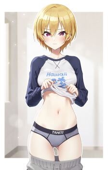1girl 24riside absurdres blonde_hair blurry blurry_background blush border breasts closed_mouth clothes_lift clothes_pull commentary_request commission cowboy_shot gluteal_fold hair_between_eyes highres idolmaster idolmaster_shiny_colors lifting_own_clothes long_sleeves looking_at_viewer navel outline outside_border panties pants pants_pull pink_eyes pixiv_commission saijo_juri shirt shirt_lift short_hair solo standing stomach underwear white_border white_outline