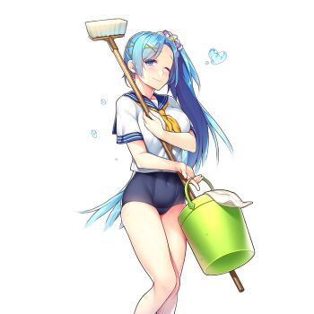 1girl blue_eyes blue_hair blue_sailor_collar breasts bucket cleaning_brush cleaning_rag closed_mouth giuniu hair_ornament hairclip holding holding_brush holding_bucket large_breasts long_hair necktie one_eye_closed sailor_collar sailor_shirt school_swimsuit shirt side_ponytail smile swimsuit uchi_no_hime-sama_ga_ichiban_kawaii vivienne_(uchihime) yellow_necktie