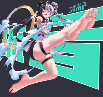 1girl absurdres ahoge aqua_nails barefoot black_background black_hair black_shorts blush braid braided_twintails chakram china_dress chinese_clothes commentary_request dated detached_sleeves dialyn_(zenless_zone_zero) dress earrings feet flying_kick foot_focus hair_extensions hair_intakes highres huahuaren_jump jewelry kicking long_hair long_legs looking_at_viewer multicolored_hair multicolored_nails nail_polish necktie open_mouth ring_hair_extensions shirt shorts smoke solo split-color_hair thigh_strap toenail_polish toenails toes weapon white_hair white_shirt wire yellow_eyes yellow_necktie zenless_zone_zero