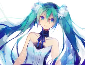 1girl 7th_dragon_(series) 7th_dragon_2020 bare_shoulders blue_eyes blue_hair blue_ribbon closed_mouth clothes collar collarbone detached_collar diamond_(gemstone) diamond_(shape) dress dutch_angle eyebrows female_focus flat_chest hair_ornament hatsune_miku long_hair looking_ahead lyiet matching_hair/eyes project_diva project_diva_(series) project_diva_extend ribbon sidelocks simple_background sleeveless sleeveless_dress smile solo strapless strapless_dress triangle twintails upper_body vocaloid watermark web_address