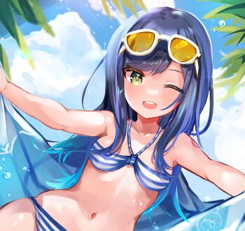 1girl absurdres bikini blue_sky breasts cloud enoshima_natsumi eyewear_on_head halterneck highres long_hair one_eye_closed open_mouth ramune_ramune round_teeth sky small_breasts smile solo station_memories striped_bikini striped_clothes sunglasses swimsuit teeth tinted_eyewear upper_teeth_only yellow-tinted_eyewear yellow_eyes