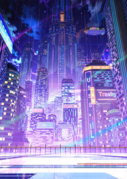 3d absurdres aircraft building city_lights cityscape cloud commentary_request dirigible english_text grand_scale highres making-of_available night no_humans original outdoors purple_theme scenery shiki_makoto sign sky skyscraper translation_request