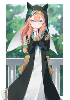 Rule 34 | 1girl, absurdres, animal ear headwear, animal ears, blue archive, blue eyes, blue neckwear, blush, braid, cottone (highjethoo), fake animal ears, flower, hair flower, hair ornament, highres, looking at viewer, mari (blue archive), nun, orange hair, outside border, own hands together, single braid, smile, solo