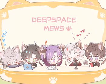 5boys ahoge animal_ears black_bow black_bowtie black_hair black_jacket blue_shirt bow bowtie brown_jacket cat_boy cat_ears cat_tail chibi chibi_only computer cup drawing_(object) furrowed_brow glasses green_eyes grey_hair hair_between_eyes hands_on_own_head head_on_hand highres holding holding_phone jacket kemonomimi_mode laptop love_and_deepspace male_focus microphone multiple_boys news open_mouth parted_bangs paw_print pencil phone pink_eyes purple_hair shirt short_hair sleeping tail trembling xavier_(love_and_deepspace) yoke_mokmok zayne_(love_and_deepspace) zzz